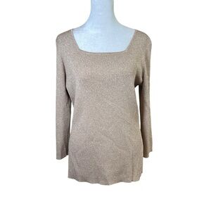 VTG Y2K ios Metallic Stretch Tunic Top Ribbed Tan 3/4 Sleeve Square Neck Sz Med